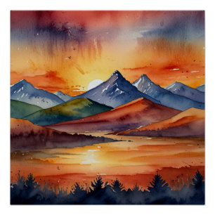 Póster Sunset Over Mountains Watercolor