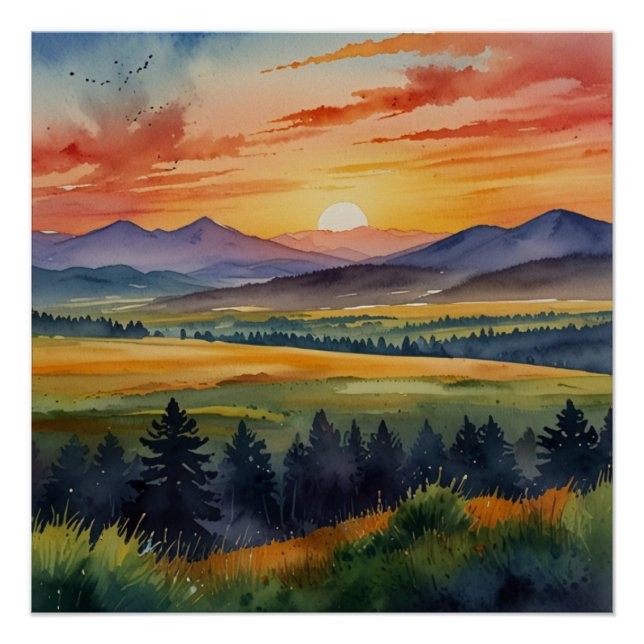 Póster Sunset Over Mountains Watercolor (Anverso)