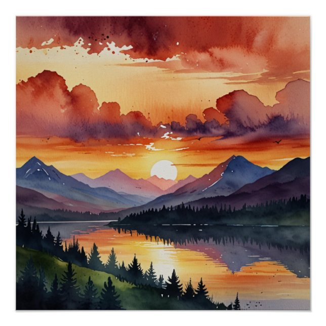 Póster Sunset Over Mountains Watercolor (Anverso)