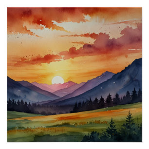 Póster Sunset Over Mountains Watercolor