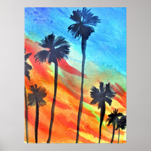 Póster Sunset Palm Tree beach surf art
