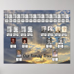 Póster Sunset Rays Through Clouds Photo 2 Family Trees<br><div class="desc">When a couple marry, their family trees are combined. This poster features four generations of a couple's families with a background of a photo of a pine tree forest. The photos and names are set up as templates that should be replaced with the family photos and names. If you do...</div>