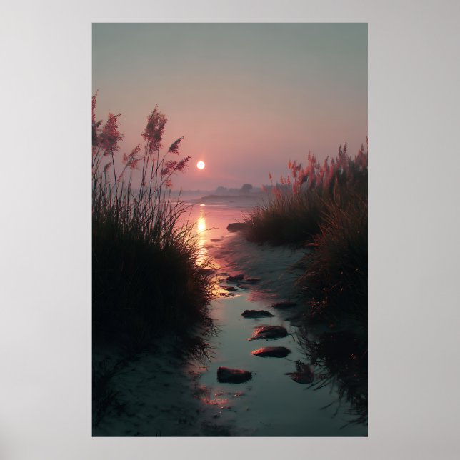 Póster Sunset Reeds Stream Coastal Path Glow (Frente)
