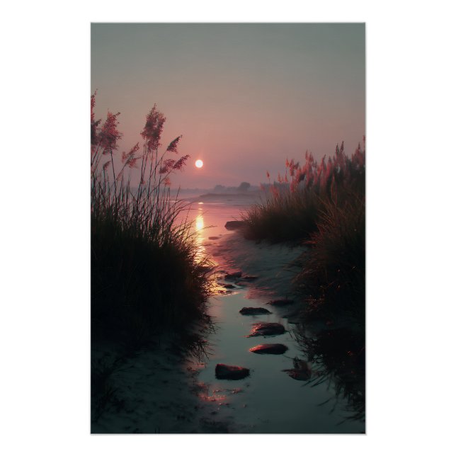 Póster Sunset Reeds Stream Coastal Path Glow (Anverso)