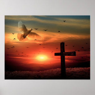 Póster Sunset Resurrection Dove and Cross