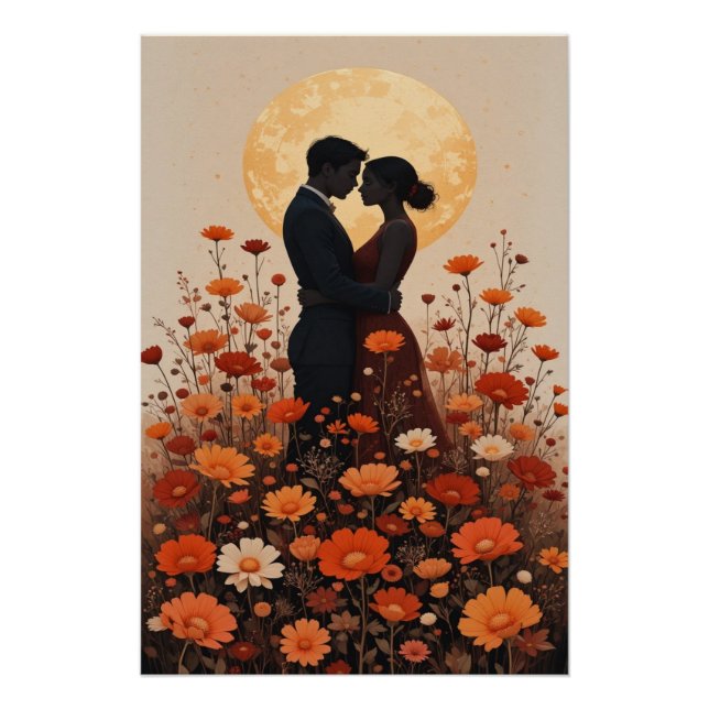 Póster Sunset Romance Painting - Floral Couple Wall Art (Anverso)