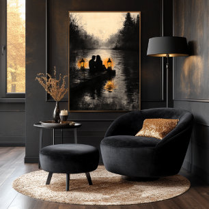 Póster Sunset romántico de lago en estilo monocromo