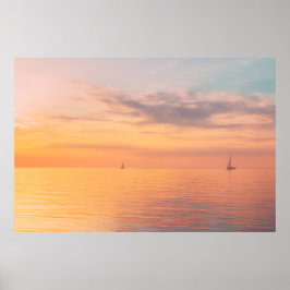 Póster Sunset Sailboats Calm Ocean Horizon Glow