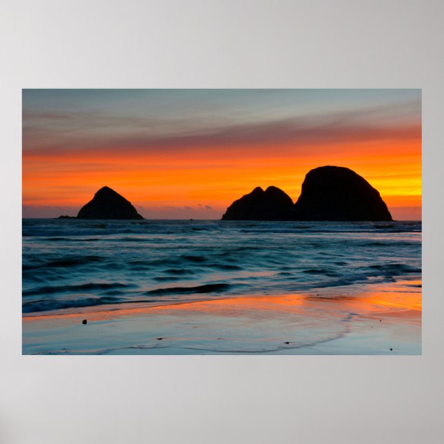 Póster Sunset, Sea Stacks, Oceanside, Oregon, Estados Uni (Frente)