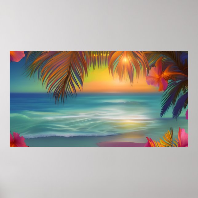 Póster Sunset Tropical Beach Sand Ocean Palmeras Flor (Frente)