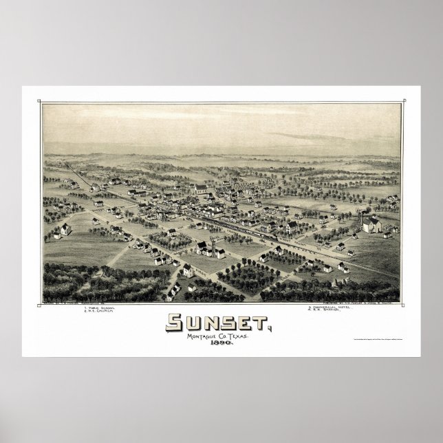 Póster Sunset, TX Panoramic Map - 1890 (Frente)
