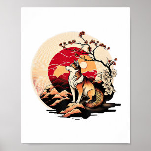 Póster Sunset Ukiyo e Style japonés de perros inu shiba