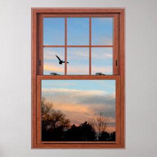 Póster Sunset with Flying Bird Scene Window Illusion