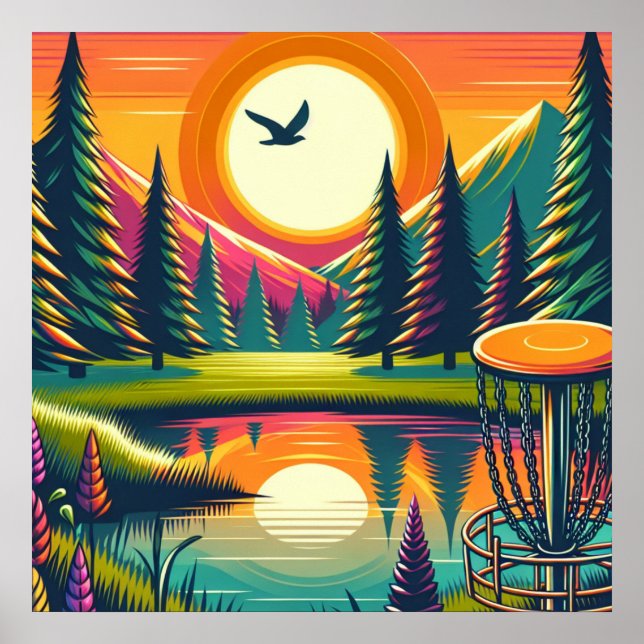 Póster Sunset y árboles de golf de disco retro (Frente)