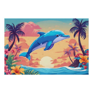 Póster Sunset y delfín de la isla tropical