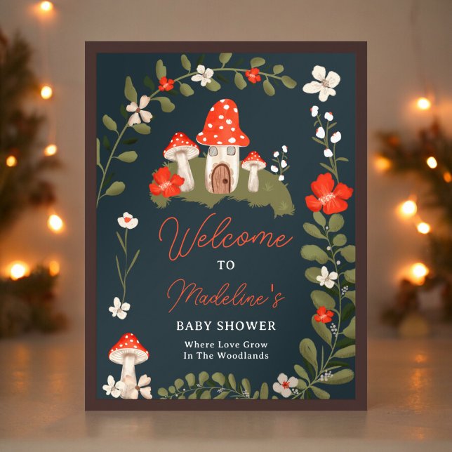 Póster Suntuosos hongos de bosque con flores de bebé (Whimsical woodland mushrooms floral baby shower poster)