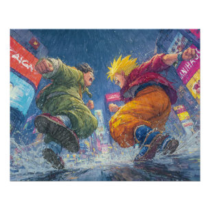Póster Super Saiyan Goku Lucha Épica bajo la Lluvia