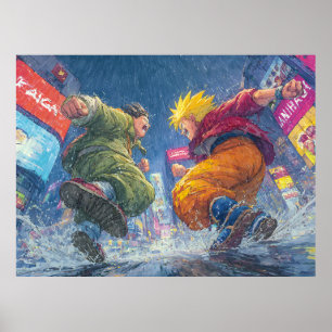 Póster Super Saiyan Goku Lucha Épica bajo la Lluvia