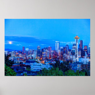 Póster Superluna saliendo cerca del horizonte de Seattle