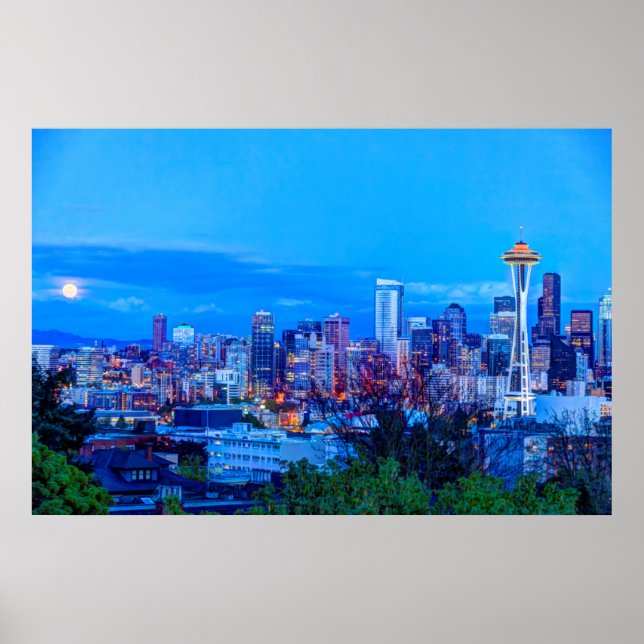 Póster Superluna saliendo cerca del horizonte de Seattle (Frente)