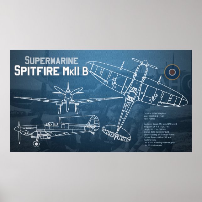Póster Supermarine Spitfire MK II Blueprint (Frente)
