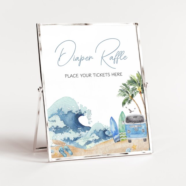 Póster Surf Board Baby Shower Diaper Raffle (Surfing Summer Baby Shower Diaper Raffle Sign)