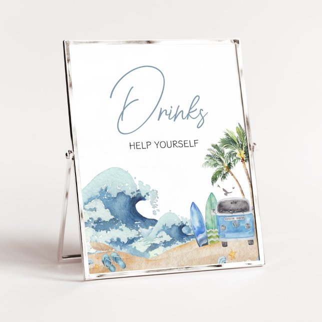 Póster Surf Board Beach Baby Shower Bebidas (Surfing Summer Baby Shower Drinks Sign)
