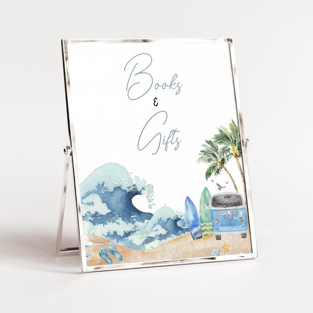 Póster Surf Board Beach Baby Shower Libros y regalos (Surfing Summer Baby Shower Books and Gifts Sign)