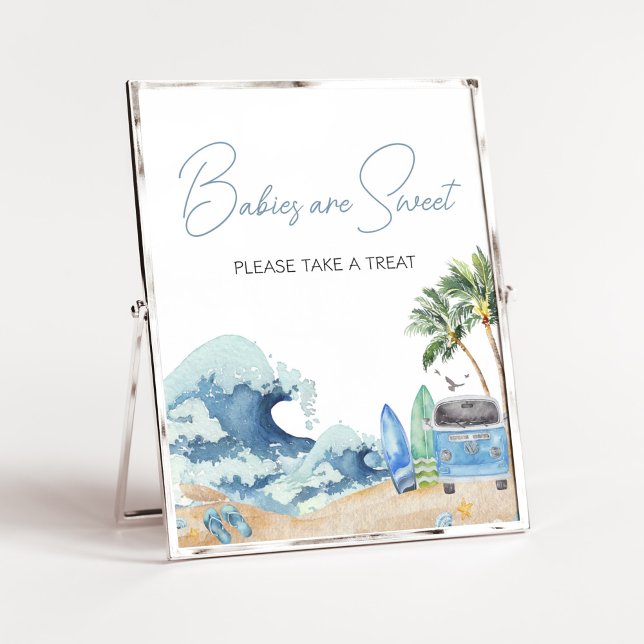 Póster Surf Board Beach Baby Shower Los bebés son dulces (Surfing Summer Baby Shower Babies are Sweet Sign)