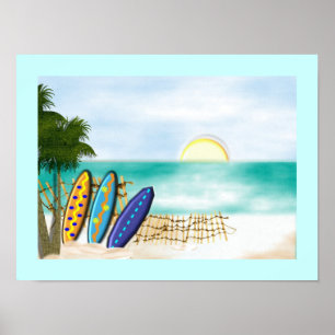 Póster Surf Boards Beach Sunny Sea View Poster Print