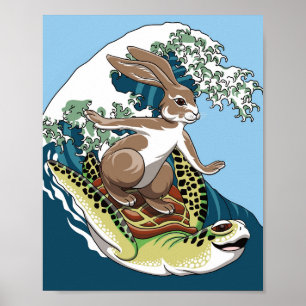Póster Surf de verano - Ilustracion de tortuga y conejo