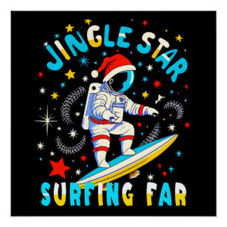 Póster Surf espacial con Santa en diseño de aventura cósm
