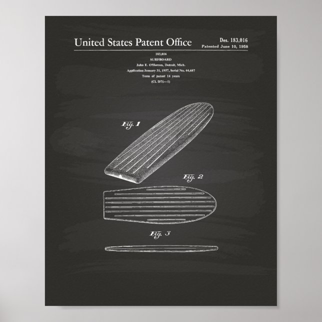 Póster Surfboard 1958 Patent Art Chalkboard (Frente)