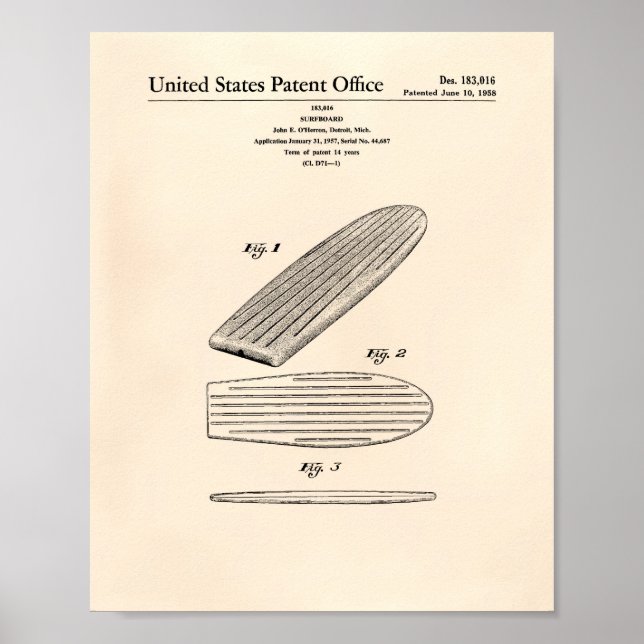 Póster Surfboard 1958 Patent Art Old Peper (Frente)