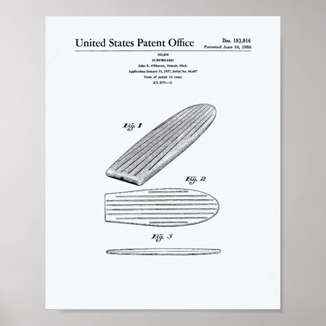 Póster Surfboard 1958 Patent Art White Paper (Frente)