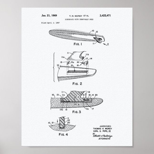 Póster Surfboard 1969 Patent Art White Paper (Frente)