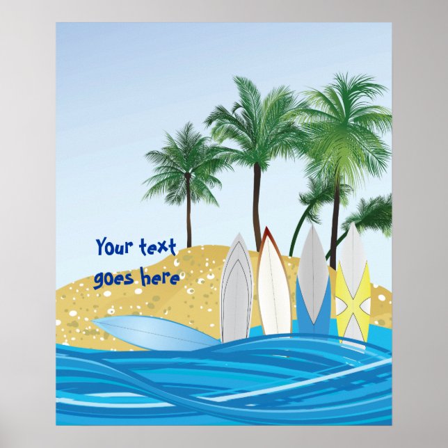 Póster Surfboard en una playa tropical con palmeras (Frente)