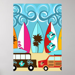 Póster Surfboards Beach Bum Surfing Hippie Vans