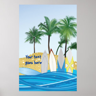 Póster Surfboards on a tropical beach with palm trees