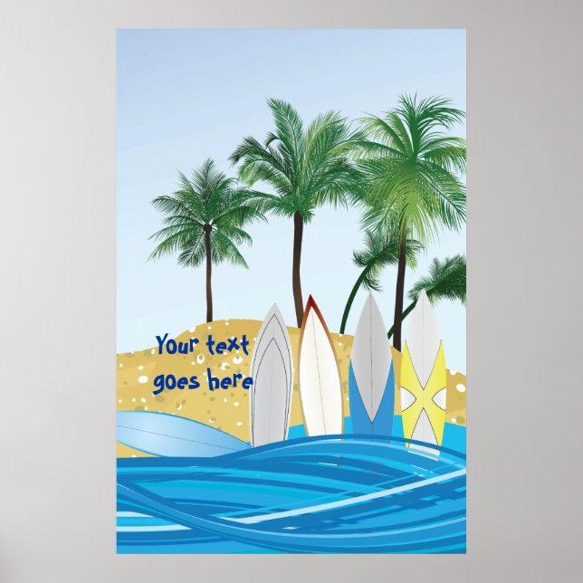 Póster Surfboards on a tropical beach with palm trees (Frente)