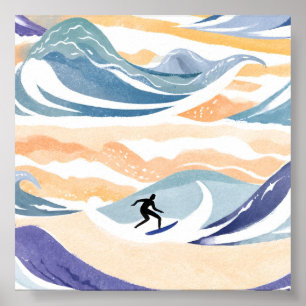 Póster Surfeando la Ola Océano Contemporáneo en Acuarel