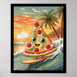 Póster Surfear una porción de pizza en una ola en una pla