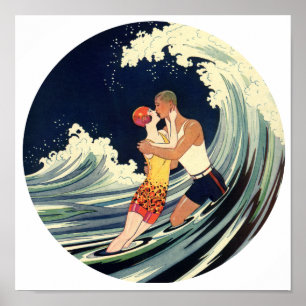 Póster Surfer Aovers Kissing Vintage Ilustracion