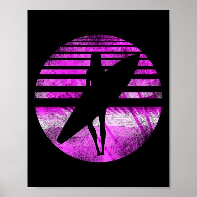 Póster Surfer Chica Surfboard Sunset Palm Tree (Frente)