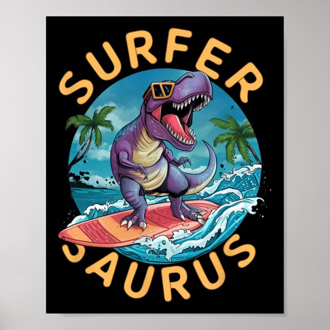Póster Surfer Saurus T-rex Dinosaurios Surfing Dino Rider (Frente)