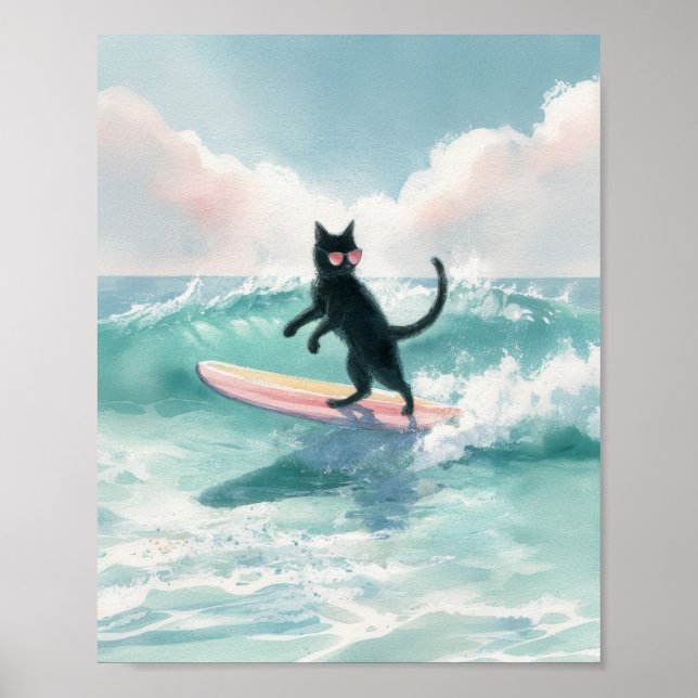 Póster Surfer Whimsical Black Cat Watercolor Art (Frente)