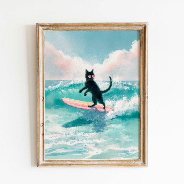 Póster Surfer Whimsical Black Cat Watercolor Art (Subido por el creador)