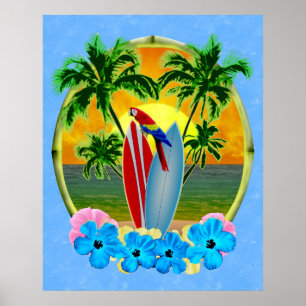 Póster Surfing Beach Sunset