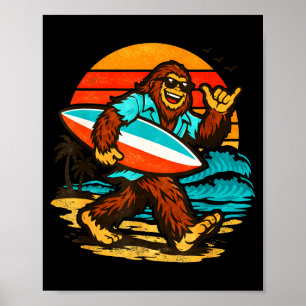 Póster Surfing bigfoot puesta de sol retro playa tropical