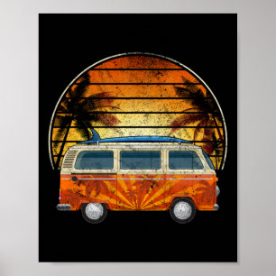Póster Surfing Camper Palm Tree Sunset